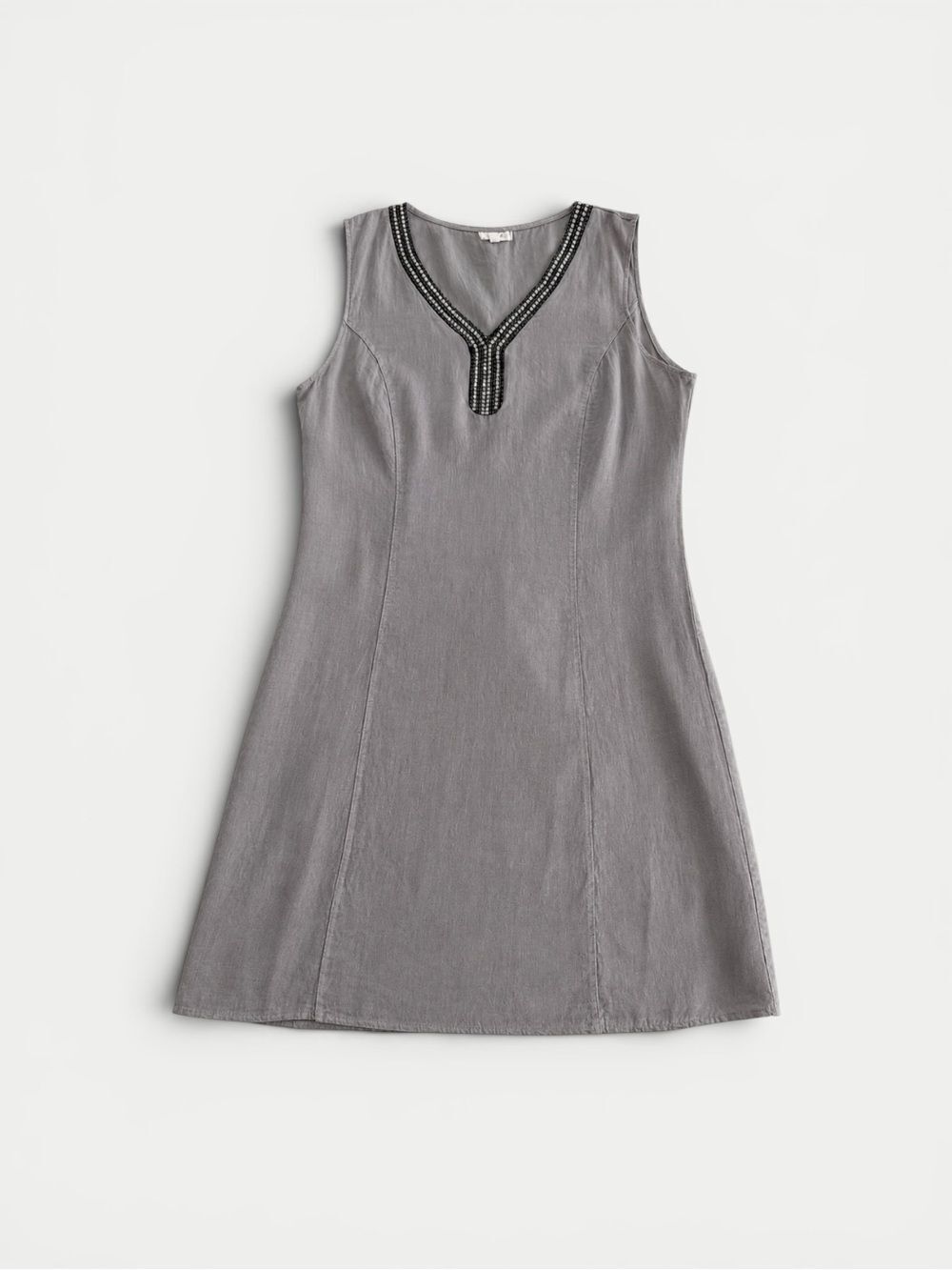 Lina Tomei Embellished Linen Blend Shift Dress – Taupe Gray –Size Small